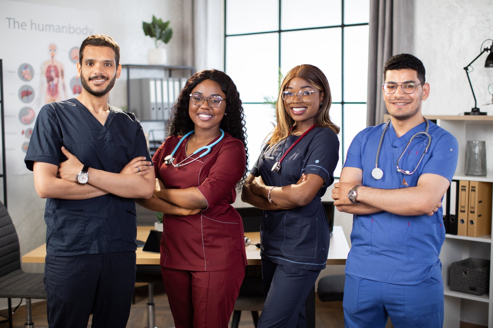 A diverse team of male and female nurses.