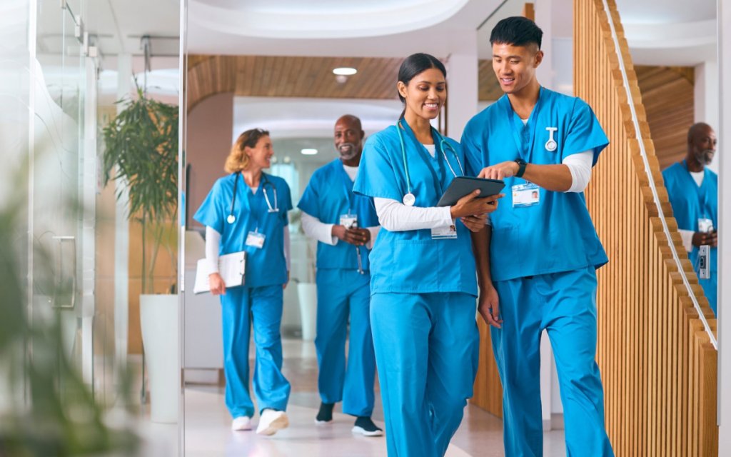 Nurses walking hospital