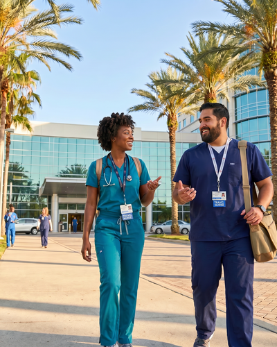 Travel nurse is walking to work in Florida 